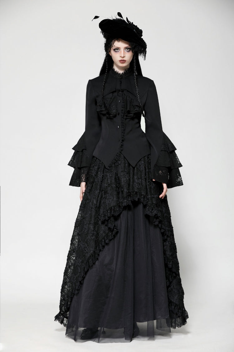 Black Lace Stand Collar Multi-Layered Ruffled Long Flared Sleeves Women's Gothic Blouse - Product - 5