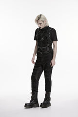 Black Stand Collar Sleeveless Spliced Asymmetric Studded Buckled Eyelet Men's Punk Cool Vest - Product - 9