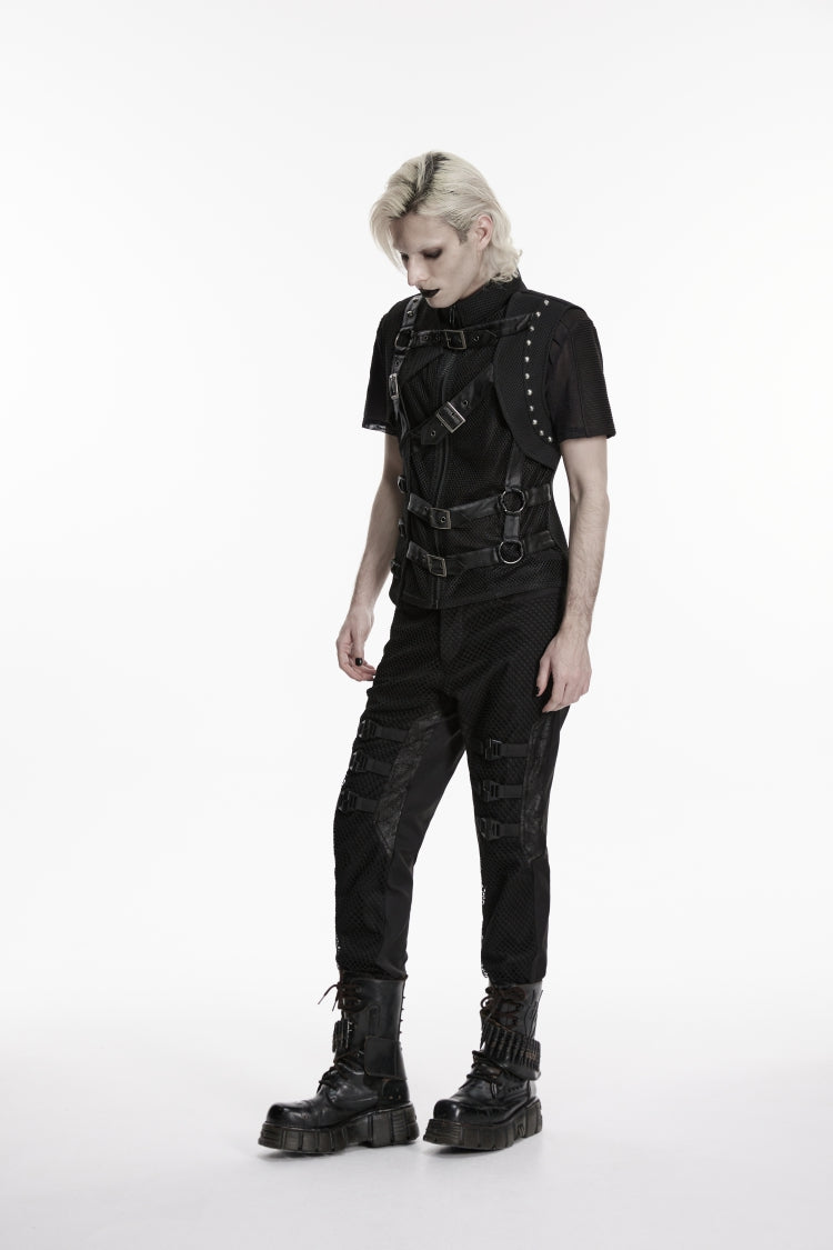 Black Stand Collar Sleeveless Spliced Asymmetric Studded Buckled Eyelet Men's Punk Cool Vest - Product - 9