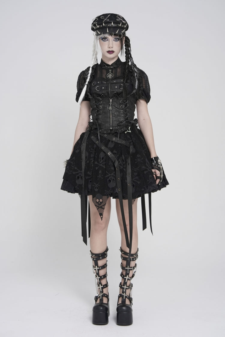 Black Bow Lace-Up Slim Zippered Women's Gothic Swallow-tailed Vest - Black - 1
