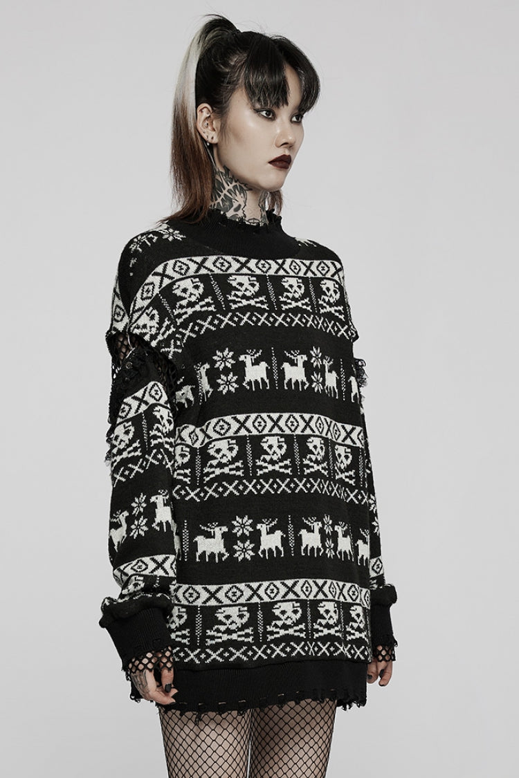 Black/White Stand Collar Long Sleeves Skull Deer Print Grunge Women's Gothic Loose Sweater - Product - 2