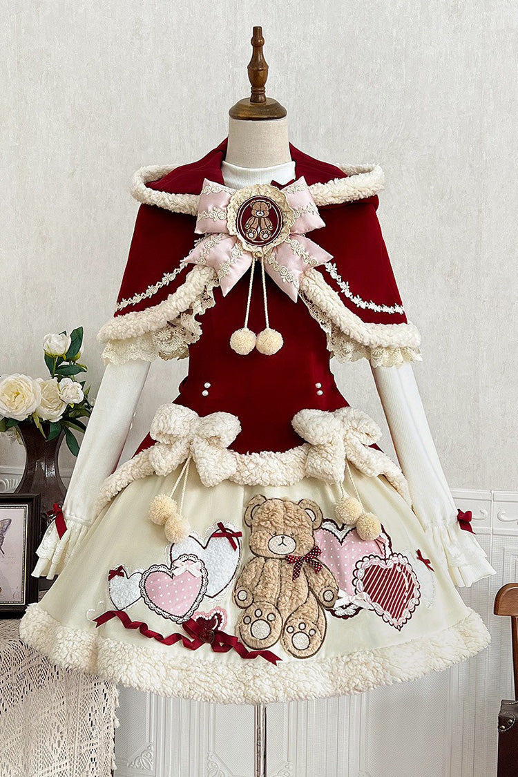 Red/Beige [Heart Bear] Embroidered Sweet Lolita Jsk Dress Set - Red/Beige (Set) - 1