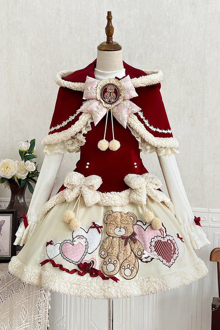 Red/Beige [Heart Bear] Embroidered Sweet Lolita Jsk Dress Set - Red/Beige (Set) - 1