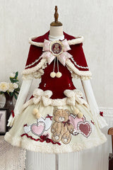 Red/Beige [Heart Bear] Embroidered Sweet Lolita Jsk Dress Set - Red/Beige (Set) - 1