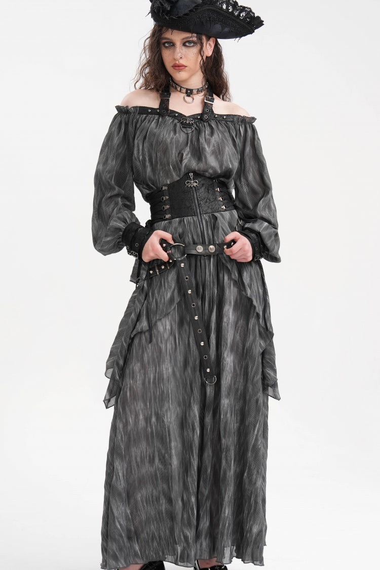 Black Ruffle Lace-Up Women's Gothic Eyelets Rivets Long Skirt - Product - 8