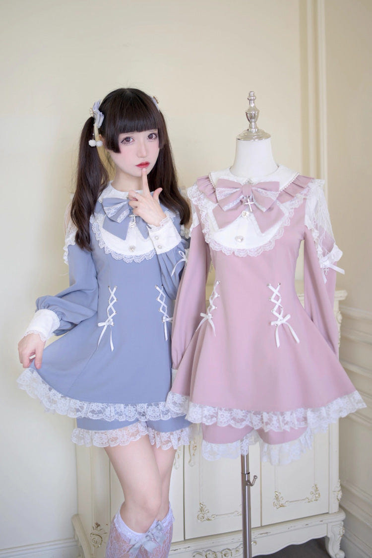 Grey/Blue [Divine love] Long Sleeves Hollow Bowknot Lace Lace-Up Sweet Jirai Kei Dress Shorts Set - Product - 5