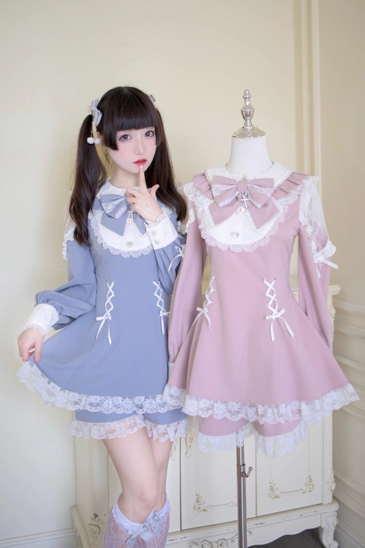 Pink/White [Divine love] Long Sleeves Hollow Bowknot Lace Lace-Up Sweet Jirai Kei Dress Shorts Set - Product - 5