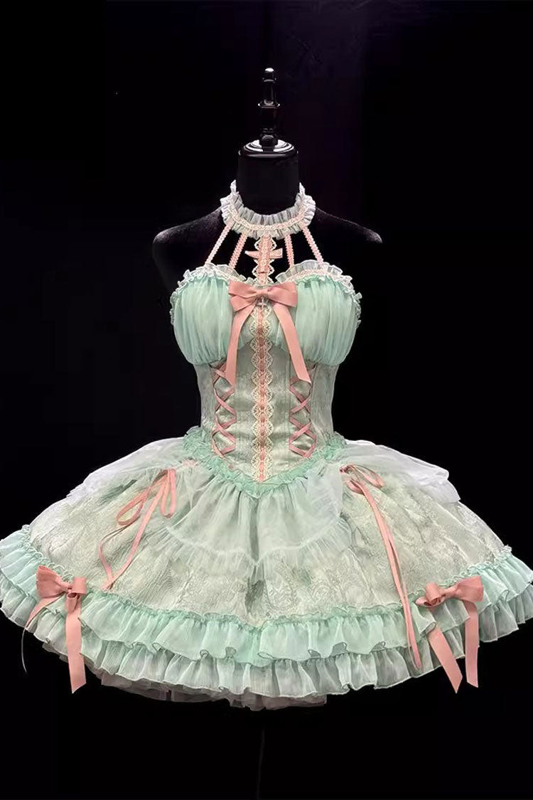 Green Cross Halterneck Ruffle Bowknot Lace Lace-Up Princess Sweet Lolita Dress - Product - 3