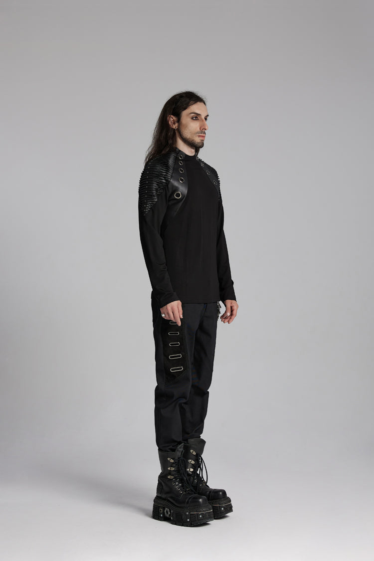 Black Round Collar Long Sleeves Mesh Pleated Loop Men's Punk Blouse - Product - 5