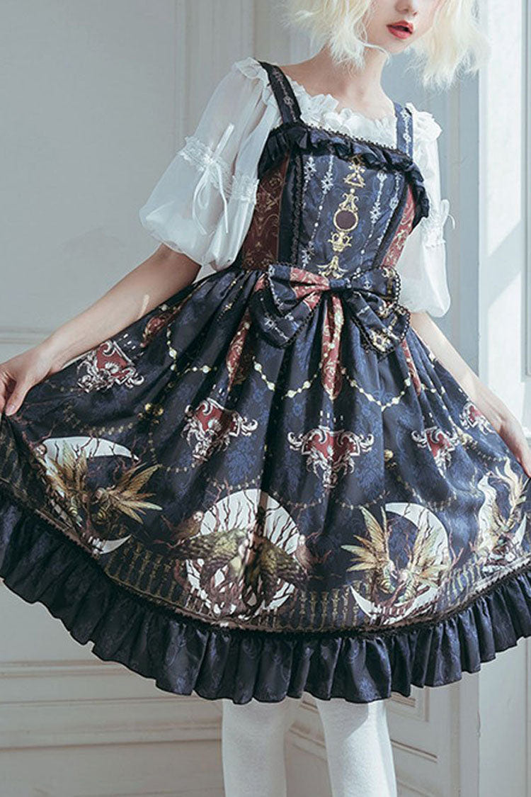Dark Bule Bowknot Altar Of The Month Print Ruffled Classic Lolita Suspender Dress - blue - 1