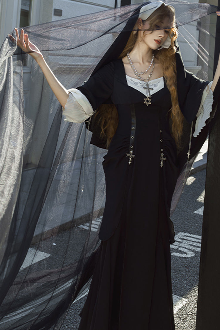 Black [Halloween Night Temple Nun] Short Sleeves Print Ruffle Gothic Elegant Lolita Dress - Product - 11