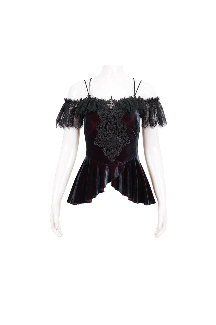 Red Stretch Velvet Eyelash Lace Short-Sleeved One-Shoulder Women's Gothic Strap T-Shirt - Product - 7