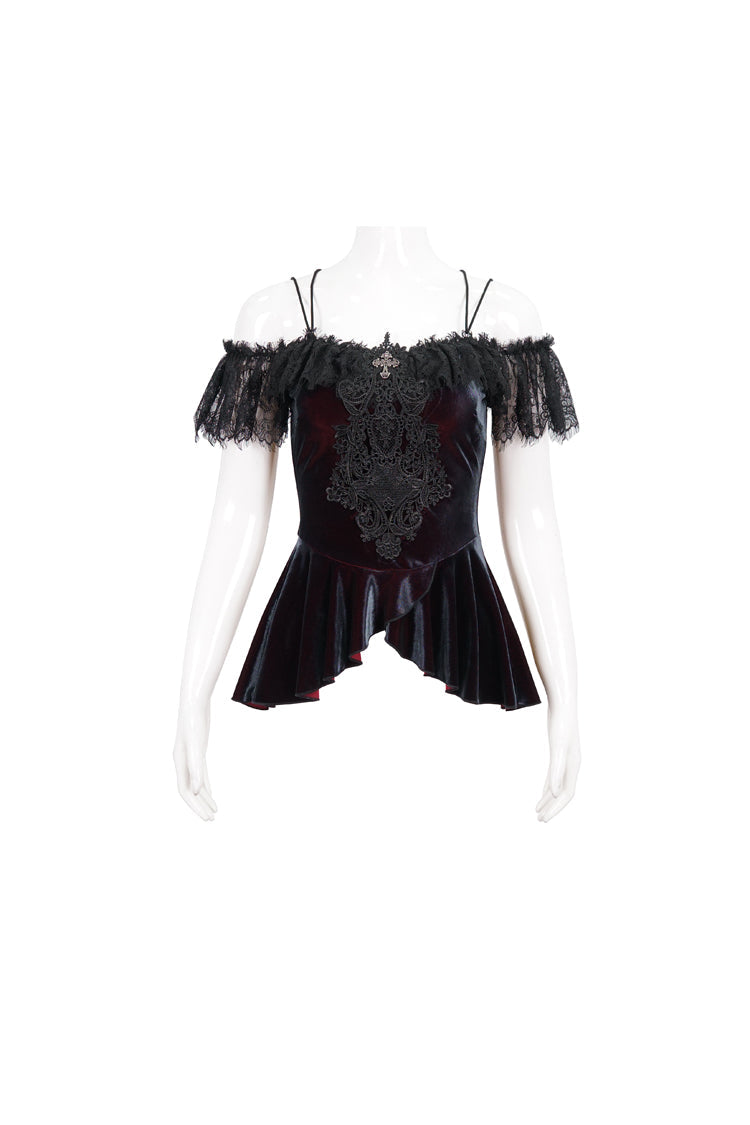 Red Stretch Velvet Eyelash Lace Short-Sleeved One-Shoulder Women's Gothic Strap T-Shirt - Product - 7