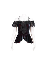 Red Stretch Velvet Eyelash Lace Short-Sleeved One-Shoulder Women's Gothic Strap T-Shirt - Product - 7