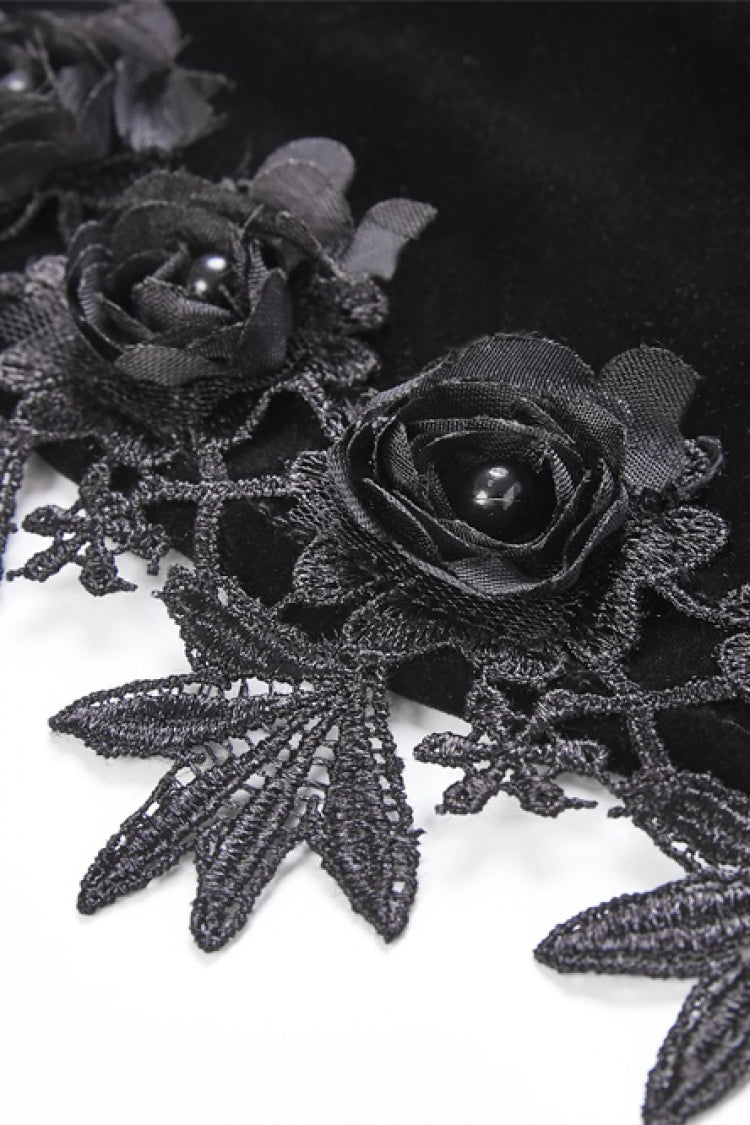 Black Lace Stand Collar Multi-Layered Long Trumpet Sleeves Rosette Velour Women's Gothic Bolero - Product - 13
