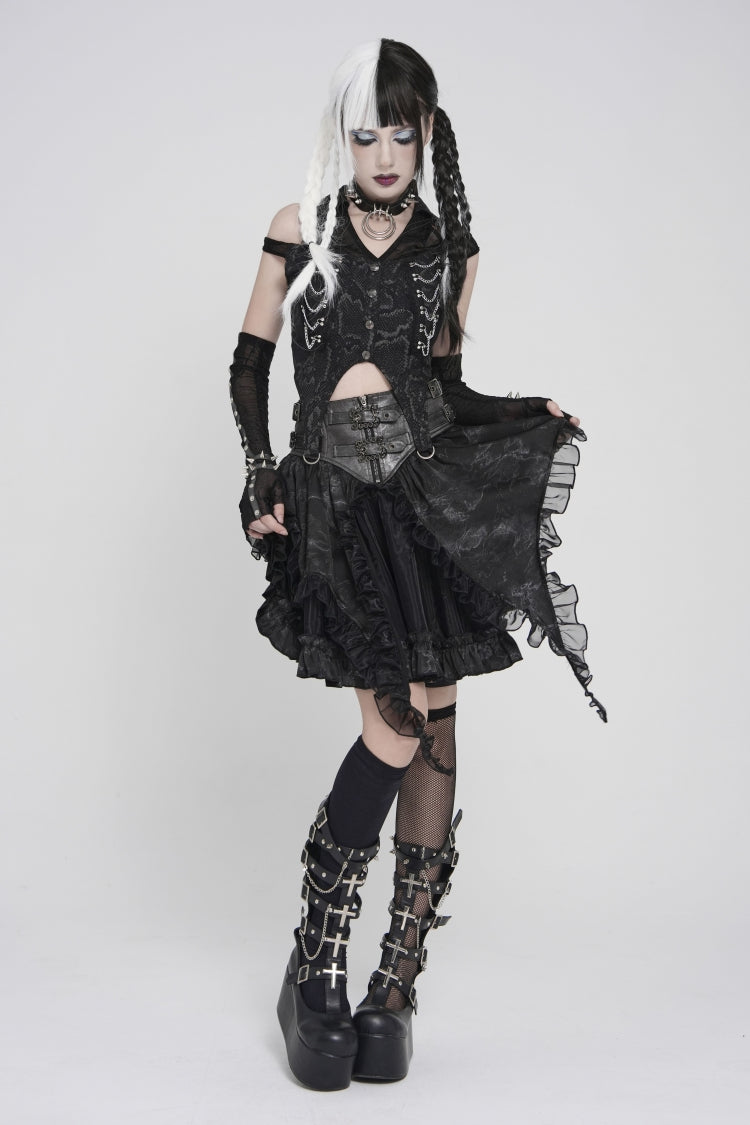 Black Off Shoulder Lace-Up Irregular Chain-Decorated Women's Punk Vest - Product - 12