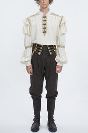 Beige Stand Collar Lantern Sleeves Multi-layer Ruffle Men's Gothic Blouse - image 1