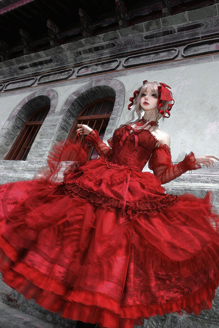 Wine Red Cross Halterneck Ruffle Bowknot Lace Lace-Up Princess Gothic Lolita Dress - Product - 4