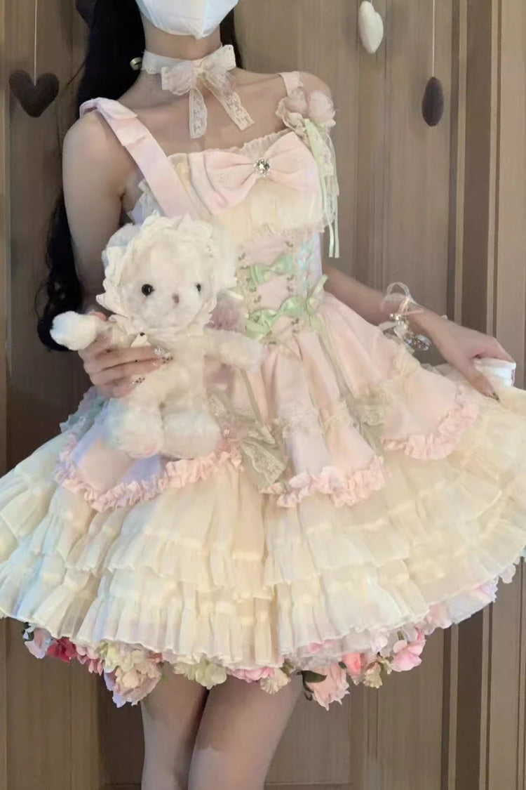 Pink/Ivory Ballet Style Garden Multi-layer Ruffle Bowknot Lace Sweet Lolita Jsk Dress - Product - 2