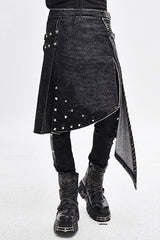 Black Band Metallic Nailed Punk Rock Worn Corduroy Wrapped Mens Skirt With Loops - Black - 1