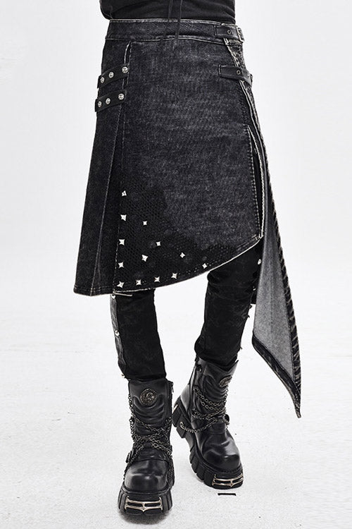 Black Band Metallic Nailed Punk Rock Worn Corduroy Wrapped Mens Skirt With Loops - Black - 1