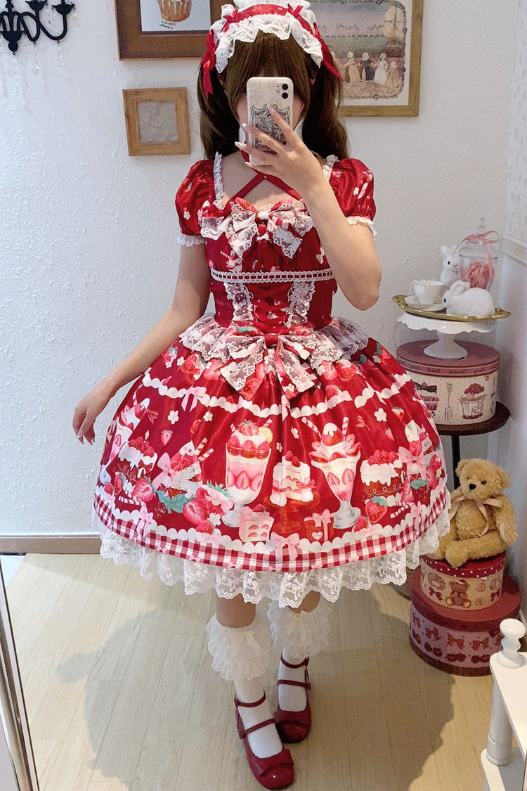 Red [Strawberry Parfait] Print Short Sleeves Ruffle Bowknot Lace Lace-Up Sweet Lolita Dress - Product - 7