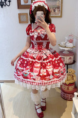Red [Strawberry Parfait] Print Short Sleeves Ruffle Bowknot Lace Lace-Up Sweet Lolita Dress - Product - 7