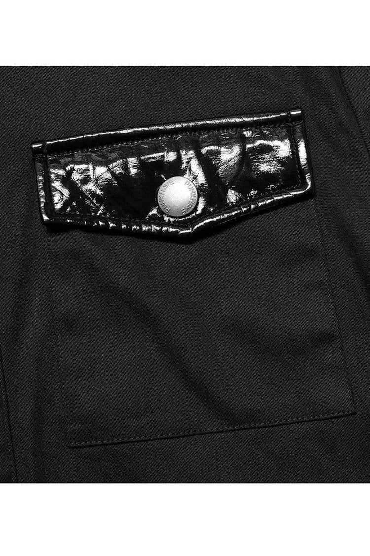 Black Punk Elastic Cotton Twill Fabric Spliced Diamond Mesh Asymmetrical Personality Short Sleeve Men's Shirt - Product - 7
