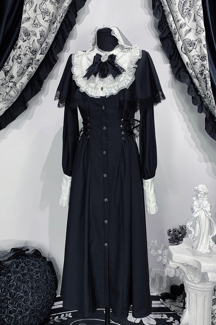 Black/White [Silent Prayer] Long Sleeves Ruffled Bow Lace-Up Gothic Jirai Kei Long Dress - Black/White - 1