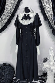 Black/White [Silent Prayer] Long Sleeves Ruffled Bow Lace-Up Gothic Jirai Kei Long Dress - Black/White - 1
