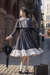 Dark Blue [Berlin Evening News] Long Sleeves Striped Print Ruffle Bowknot British College Style Elegant Sweet Lolita Dress - Product - 18
