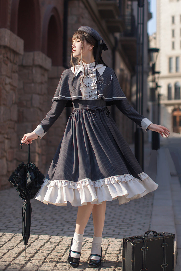 Dark Blue [Berlin Evening News] Long Sleeves Striped Print Ruffle Bowknot British College Style Elegant Sweet Lolita Dress - Product - 18