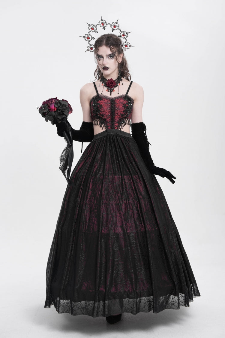 Red Jacquard Floral Embroidery Lace Ripped Women's Gothic Party Slip Dress - Product - 10