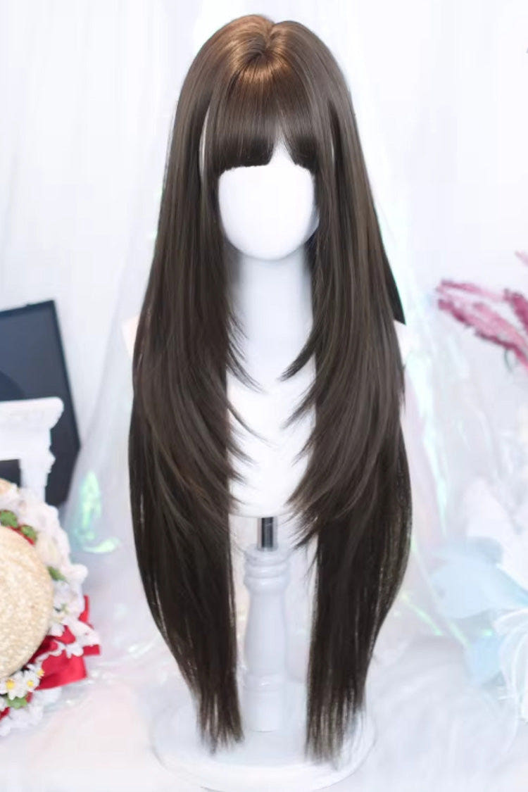 Long Straight Wispy Air Bangs Sweet Japanese Style Lolita Wig 3 Colors - Cool-Brown - 1