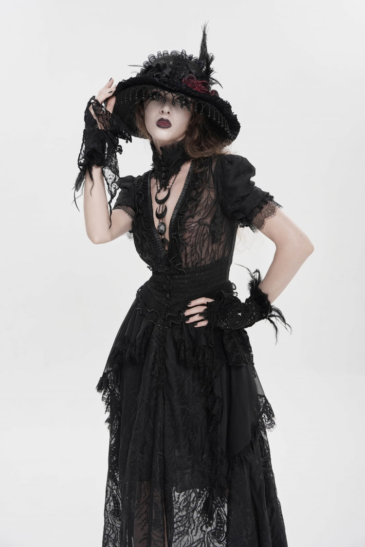 Black V Collar Short Sleeves Hanayome Lace Women's Gothic Wedding Dress - Product - 9