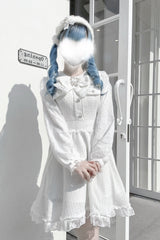 White Long Sleeves Bowknot Lace Pearl Sweet Jirai Kei Dress - Product - 2