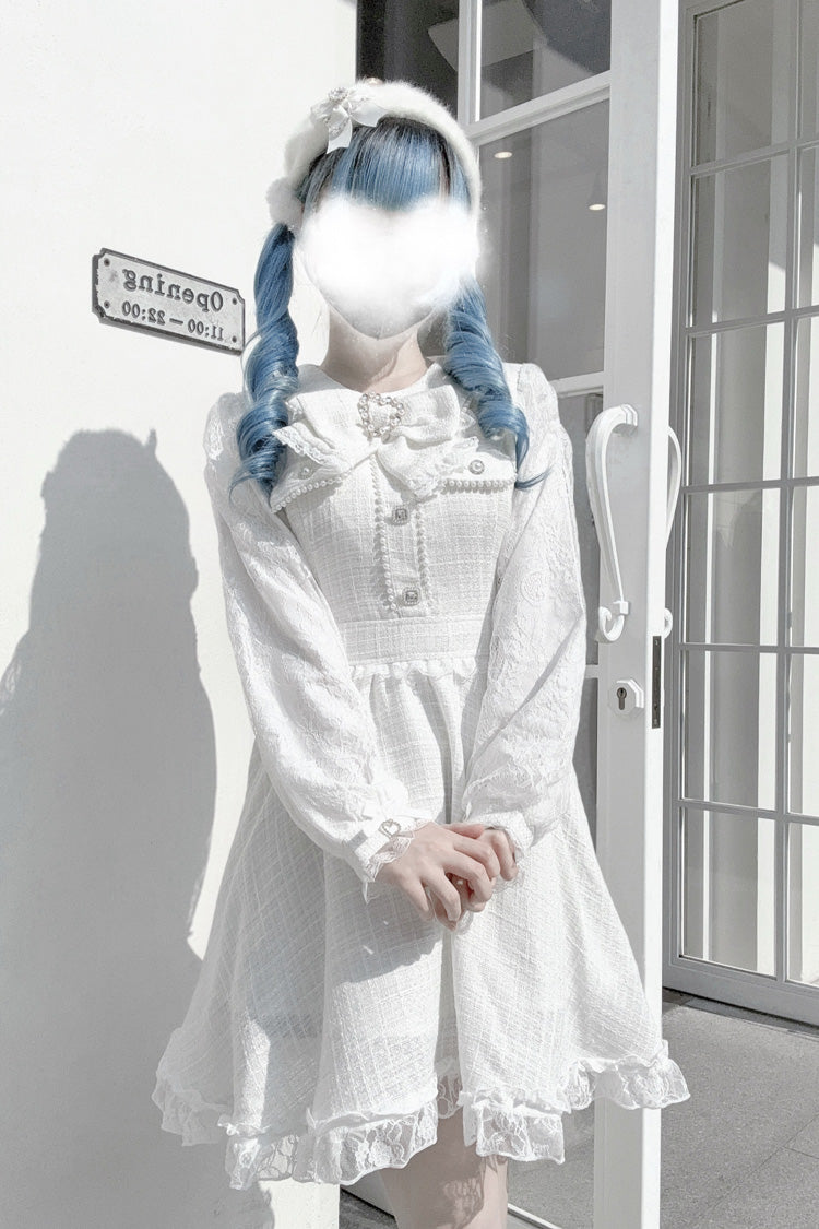 White Long Sleeves Bowknot Lace Pearl Sweet Jirai Kei Dress - Product - 2