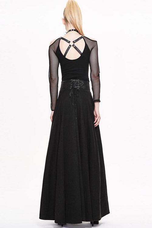 Black Torn Multiple Wearing Leather Waistband Punk Rock Flowing Long Womens Half Skirt - Product - 3
