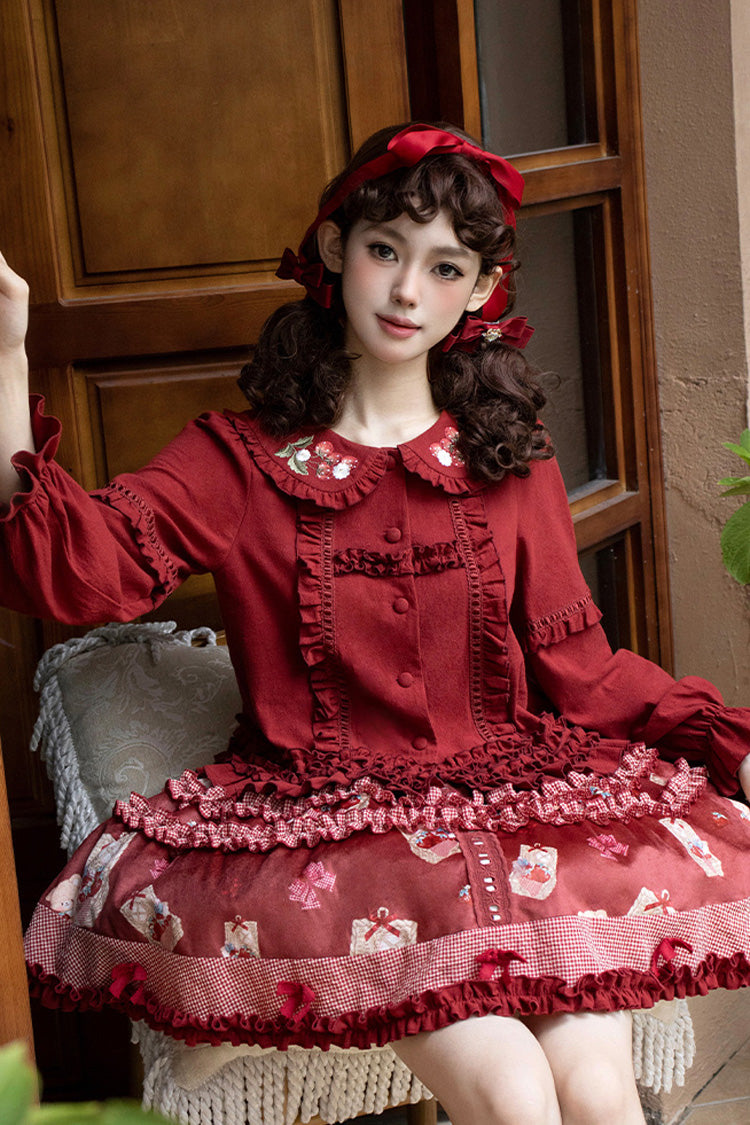 Red [Bell Strawberry Farm] Print Ruffle Embroidery Sweet Lolita Skirt - Product - 4