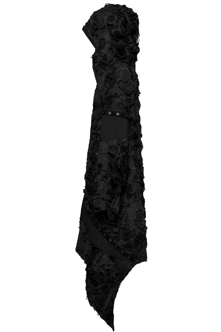 Black Ruffle Hooded Ripped Asymmetric Women's Punk Long Coat - Product - 6