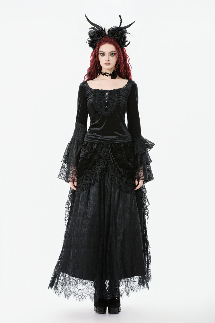 Black Square Collar Multi-Layered Lace Long Flared Sleeves Women's Gothic Palace Velvet Top - Product - 8
