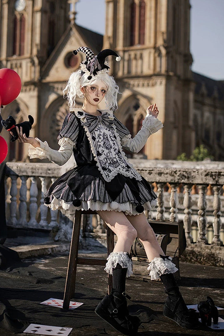 Black [Letters and Poems · Doll Mask] Poker Clown Long Sleeves Ruffled Bow Gothic Lolita Dress Set - Product - 10