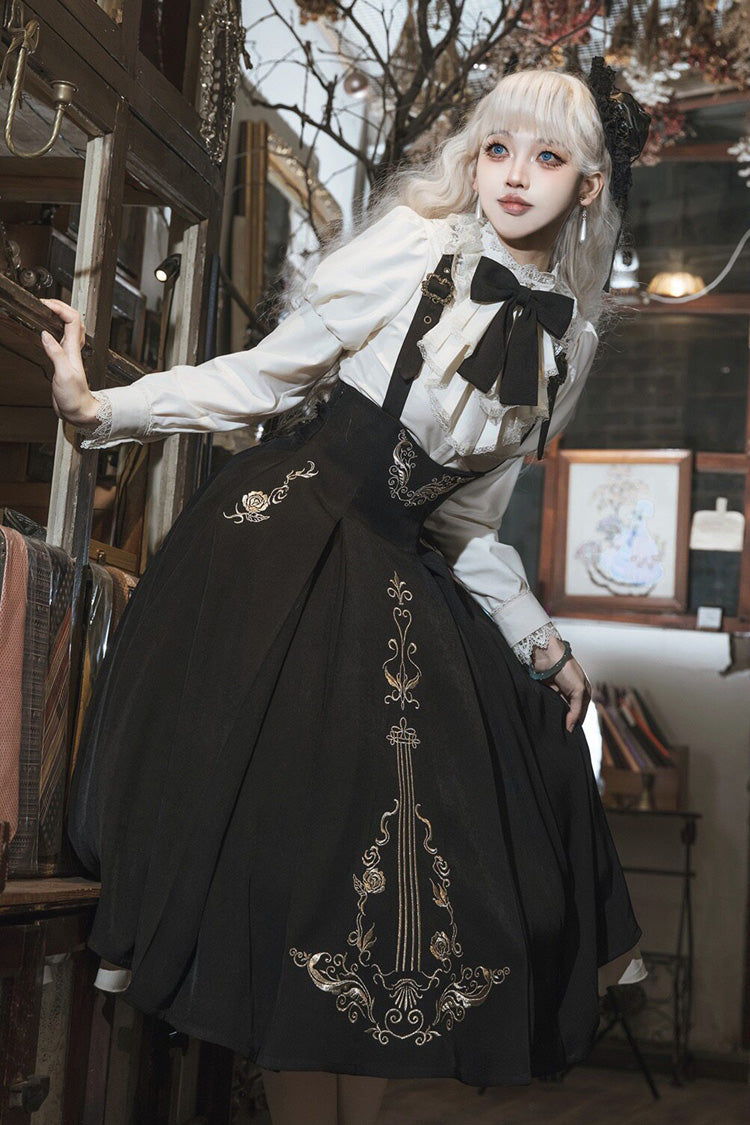 Black/White [Violin Variations] Ruffled Embroidered Gothic Lolita Jumper Dress Set - Product - 8