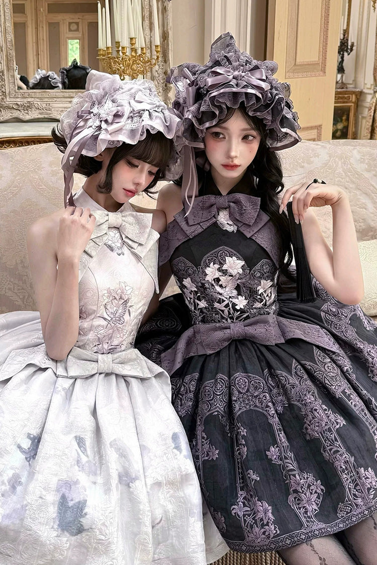 [Stained Glass Dream] Halterneck Sleeveless Printed Embroidered Bow Gothic Lolita Dress 2 Colors (Black/Purple, White/Purple) - Product - 2