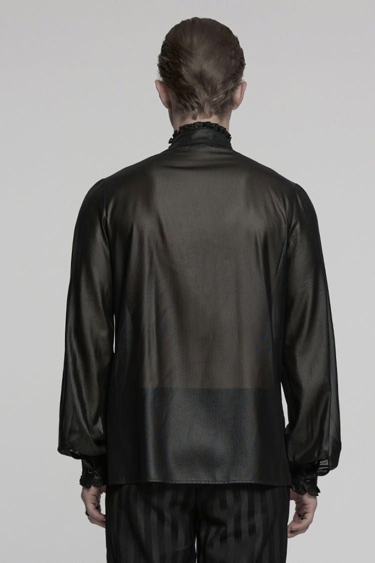 Black Stand Collar Long Sleeves Ruffle Embroidery Men's Gothic Blouse - Product - 3