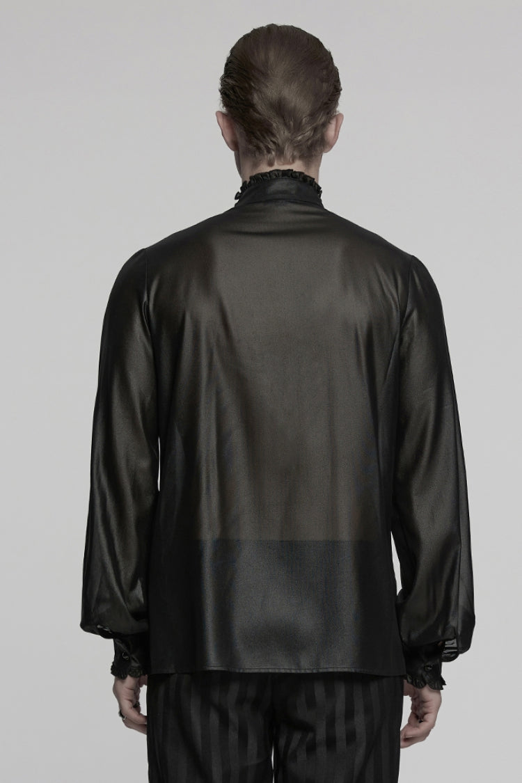 Black Stand Collar Long Sleeves Ruffle Embroidery Men's Gothic Blouse - Product - 3