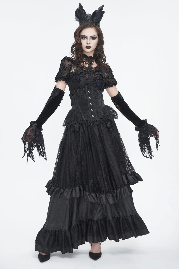Black Embroidered Patchwork Lace Lace-Up Slim Fit Mesh Eyelet Women's Gothic Luxurious Royal Underbust Corset - Product - 2