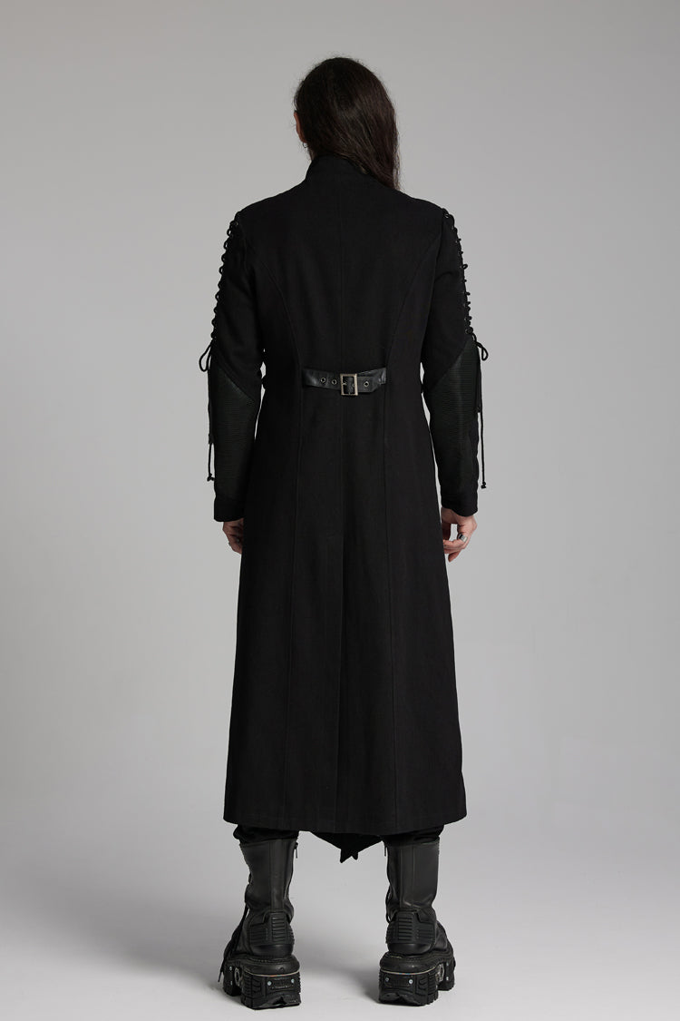 Black Buckle-up Rivets Long Sleeves Lace-Up Men's Punk Long Jacket - Product - 6