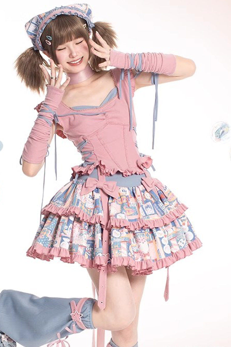 Pink Double-Layered Pop Advertising Paper Print Ruffle Bowknot Sweet Lolita Skirt Set - Product - 8