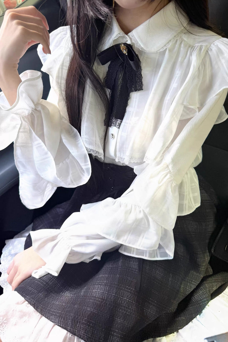 Black/White Long Sleeves Plaid Printed Lace Lace-Up Sweet Jirai Kei Skirt Set - Product - 5